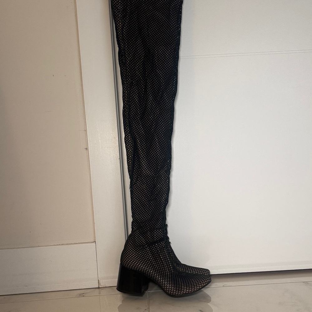Margiela Sheer Mesh Over-the-Knee Boots Dark Green & Tan Sock Boot EU 39